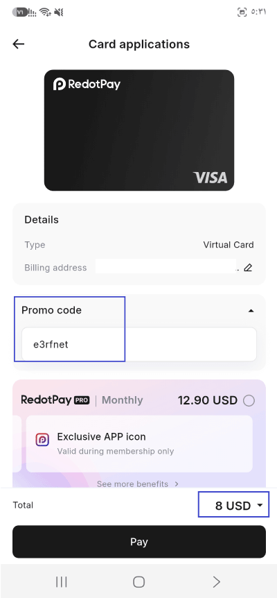إدخال كود خصم E3RFNET وسعر بطاقة RedotPay 8 دولار